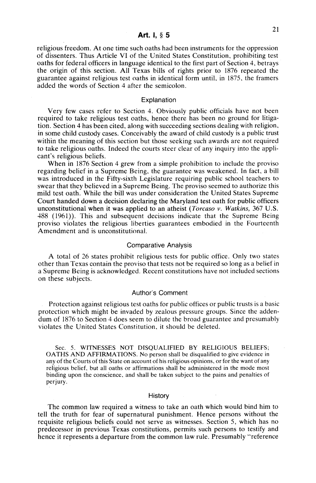 Art. I, § 5 Religious Freedom. at One Time Such Oaths Had Been Instruments for the Oppression of Dissenters