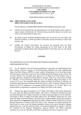 Government of India Ministry of Food Processing Industries Lok Sabha Unstarred Question No. 4846 Answered on 23Rd July, 2019