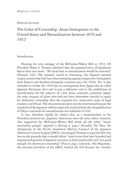 Asian Immigrants to the United States and Naturalization Between 1870 and 19521