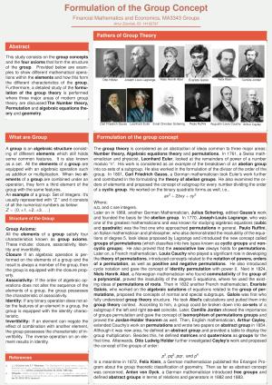 Formulation of the Group Concept Financial Mathematics and Economics, MA3343 Groups Artur Zduniak, ID: 14102797