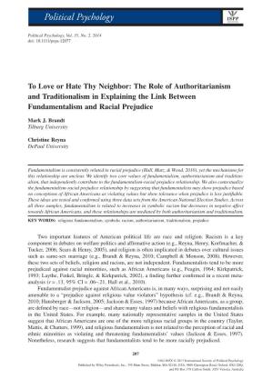 To Love Or Hate Thy Neighbor: the Role of Authoritarianism and Traditionalism in Explaining the Link Between Fundamentalism and Racial Prejudice