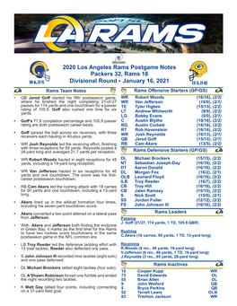 2020 Los Angeles Rams Postgame Notes Packers 32, Rams 18