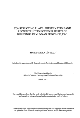 Preservation and Reconstruction of Folk Heritage Buildings in Yunnan Province, Prc