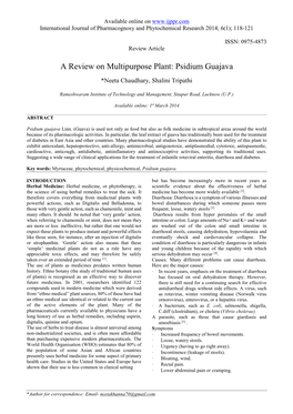A Review on Multipurpose Plant: Psidium Guajava
