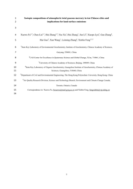 Isotopic Compositions of Atmospheric Total Gaseous Mercury in Ten Chinese Cities and 1 Implications for Land Surface Emissions
