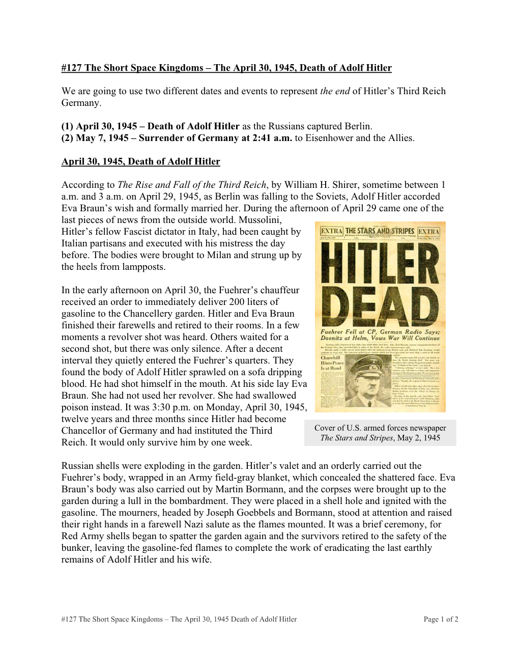 127 the Short Space Kingdoms – the April 30, 1945, Death of Adolf Hitler