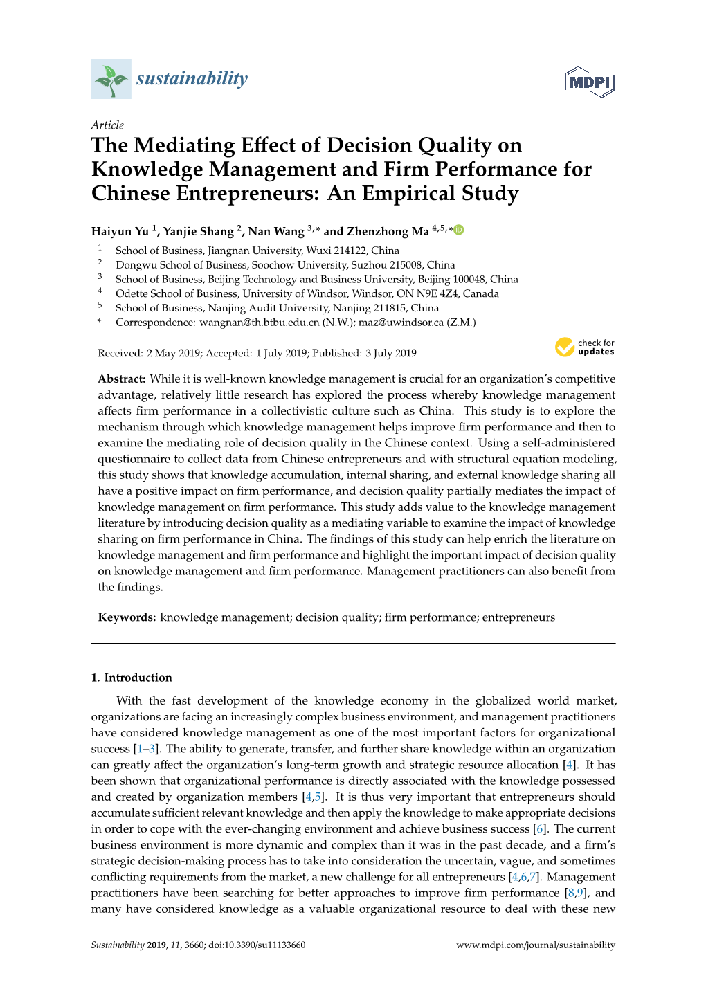 The Mediating Effect of Decision Quality on Knowledge Management