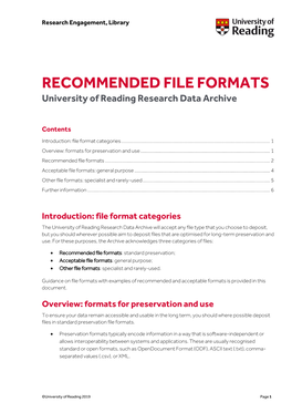 RECOMMENDED FILE FORMATS University of Reading Research Data Archive