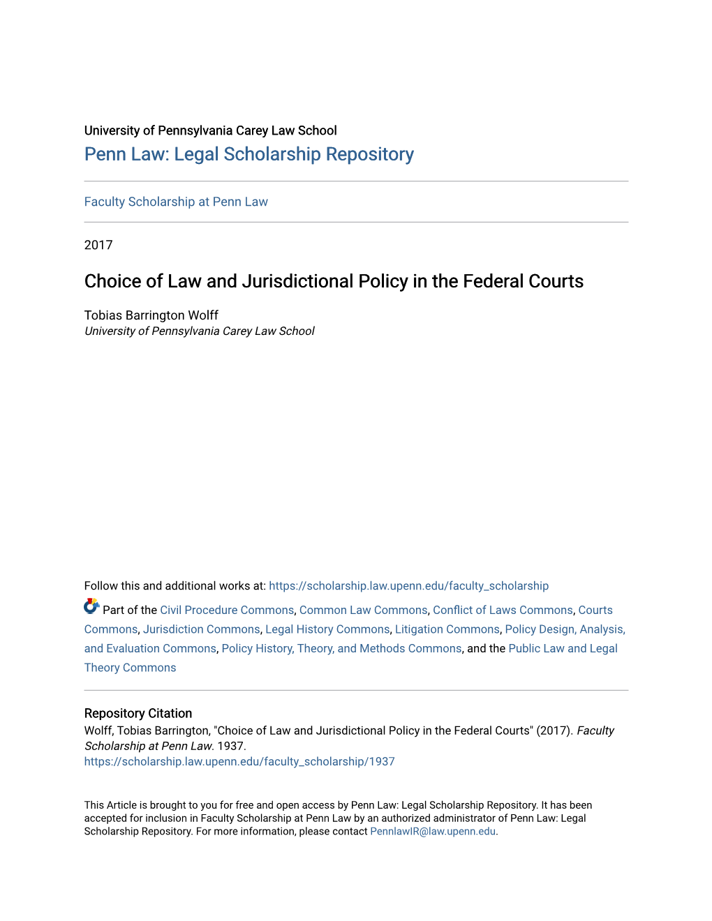 Choice of Law and Jurisdictional Policy in the Federal Courts