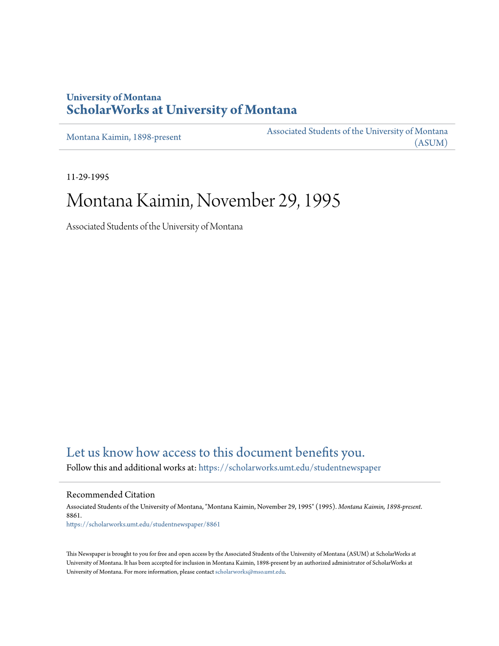 Montana Kaimin, November 29, 1995 Associated Students of the University of Montana