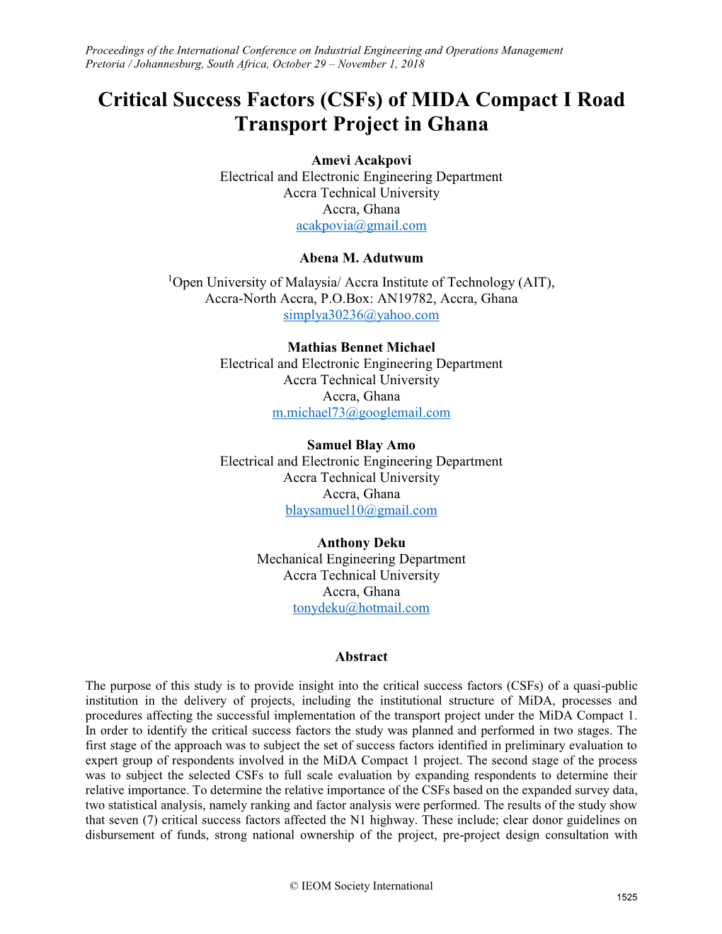 Critical Success Factors (Csfs) of MIDA Compact I Road Transport Project in Ghana