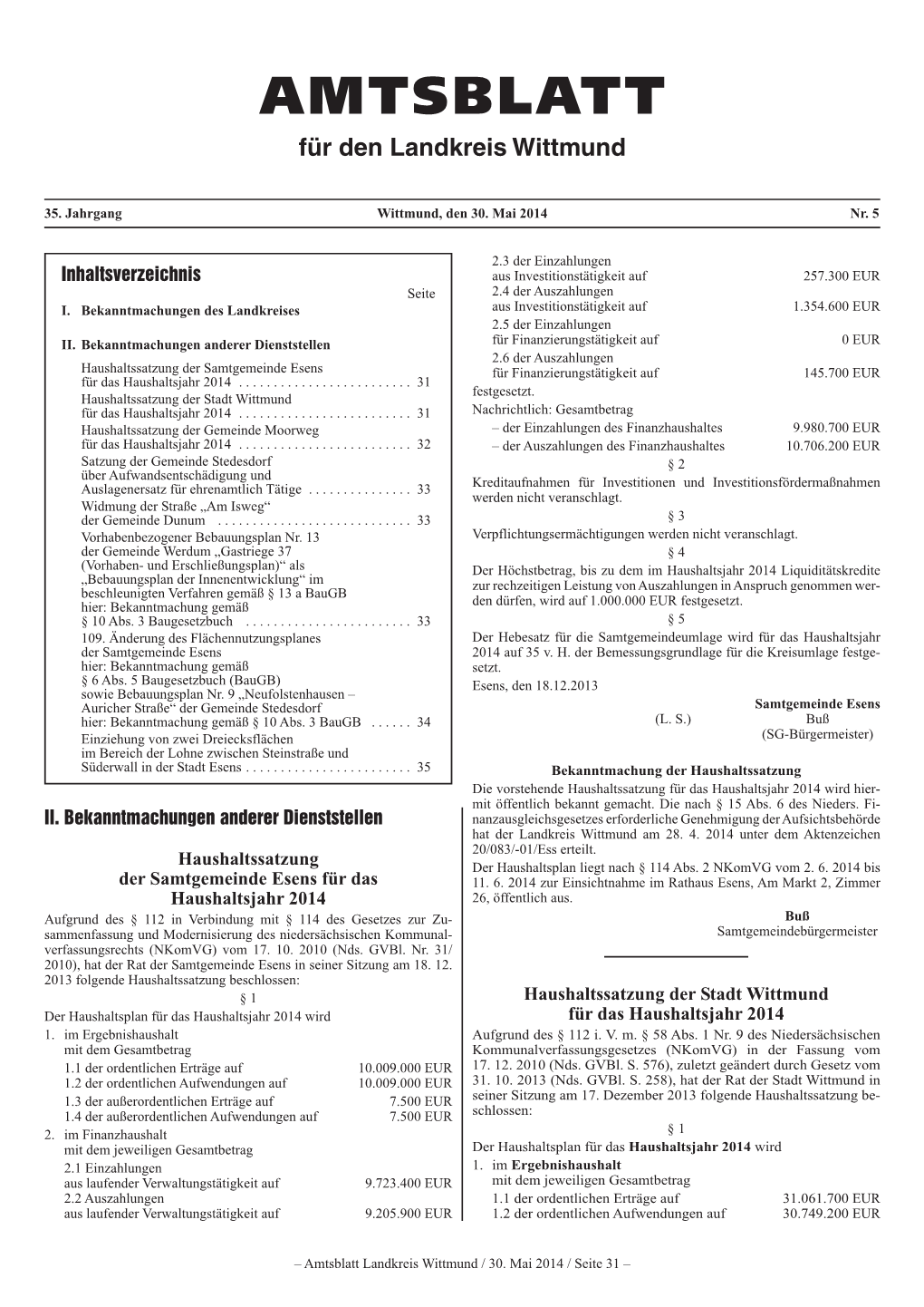 AMTSBLATT Für Den Landkreis Wittmund