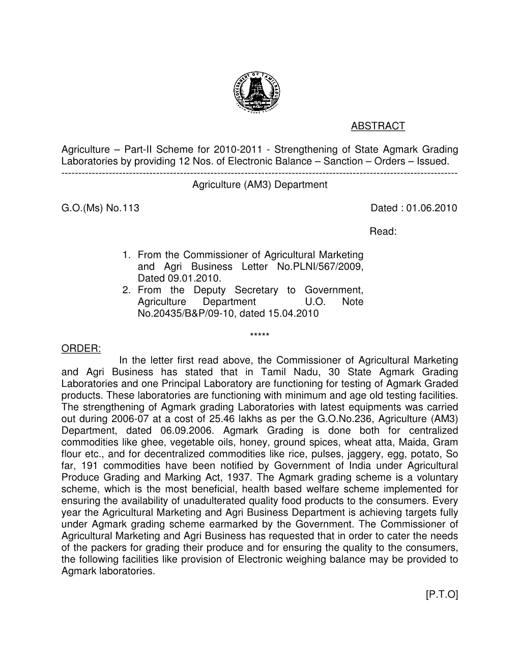 ABSTRACT Agriculture – Part-II Scheme for 2010-2011