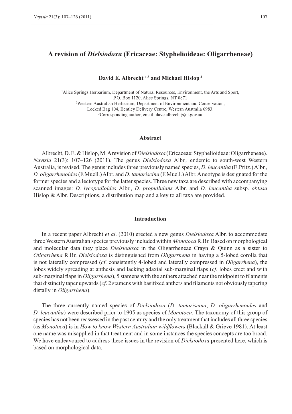 A Revision of Dielsiodoxa (Ericaceae: Styphelioideae: Oligarrheneae)