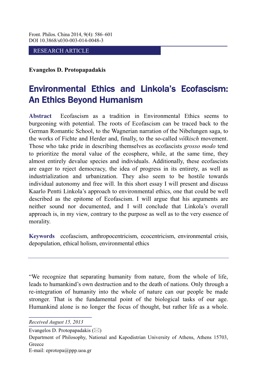 Environmental Ethics and Linkola's Ecofascism