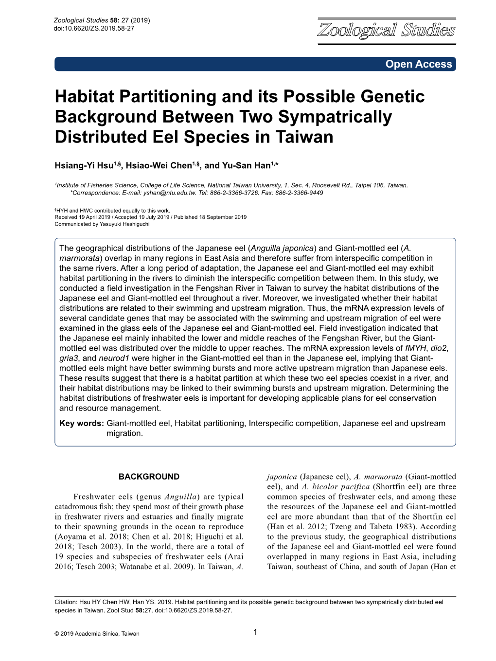 Habitat Partitioning and Its Possible Genetic Background Between Two Sympatrically Distributed Eel Species in Taiwan