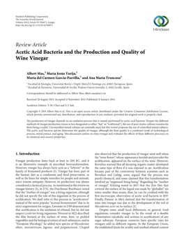 Review Article Acetic Acid Bacteria and the Production and Quality of Wine Vinegar