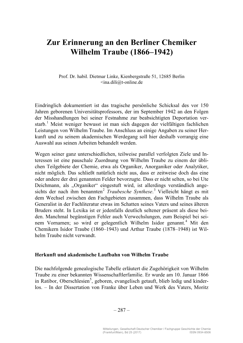 Zur Erinnerung an Den Berliner Chemiker Wilhelm Traube (1866–1942)