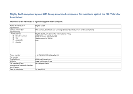 Mighty Earth Complaint Against KTS Group Associated Companies, for Violations Against the FSC 'Policy for Association.'