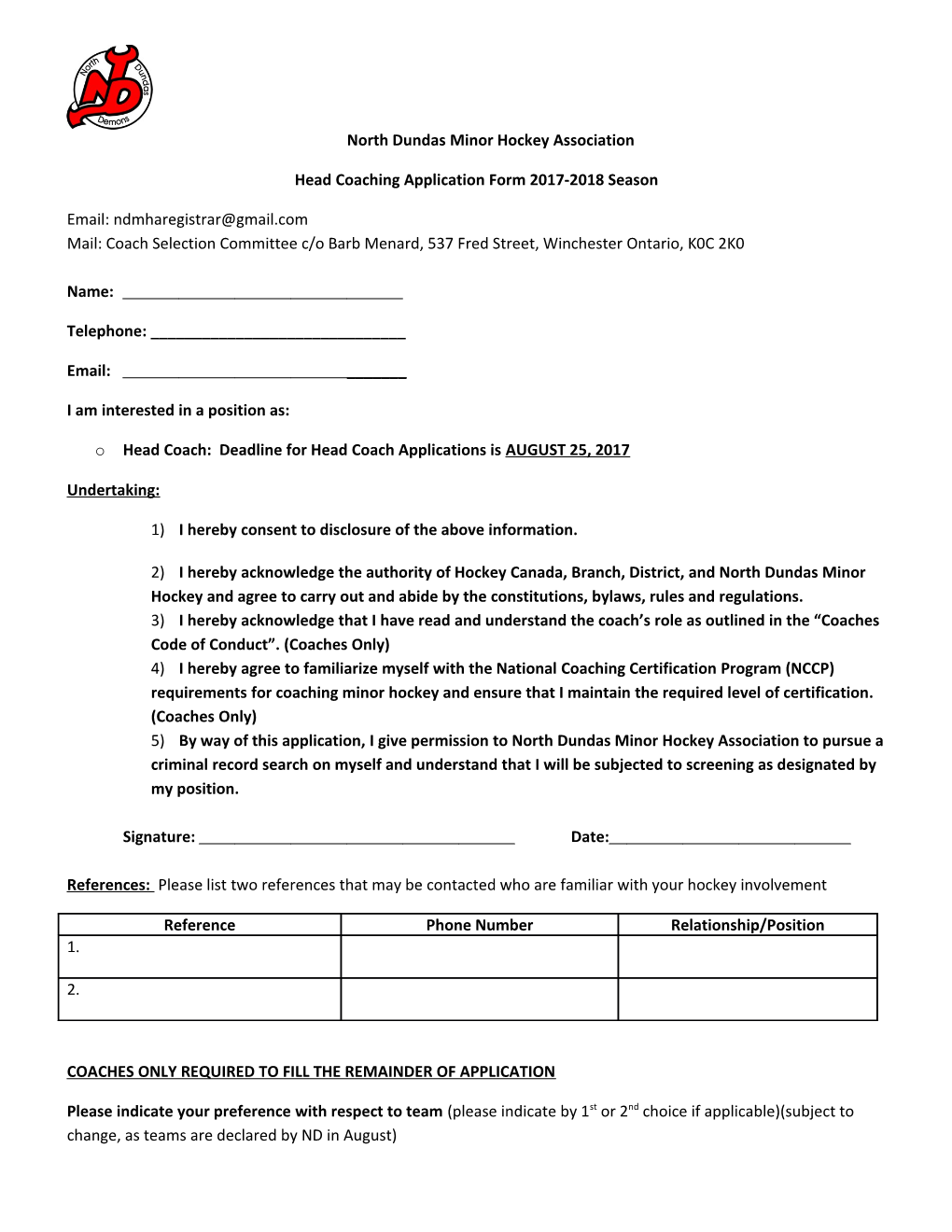 Head Coaching Application Form 2017-2018 Season