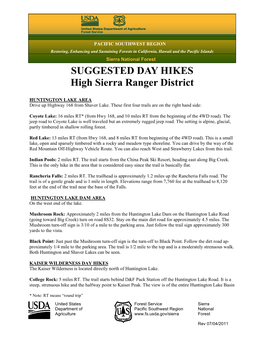 SUGGESTED DAY HIKES High Sierra Ranger District
