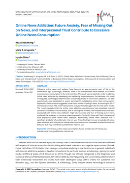 Future Anxiety, Fear of Missing out on News, and Interpersonal Trust Contribute to Excessive Online News Consumption