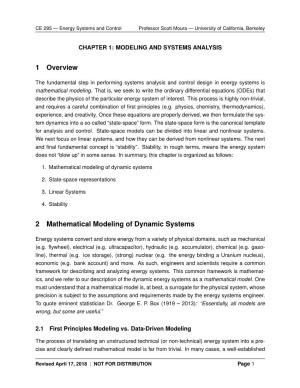 1 Overview 2 Mathematical Modeling of Dynamic Systems