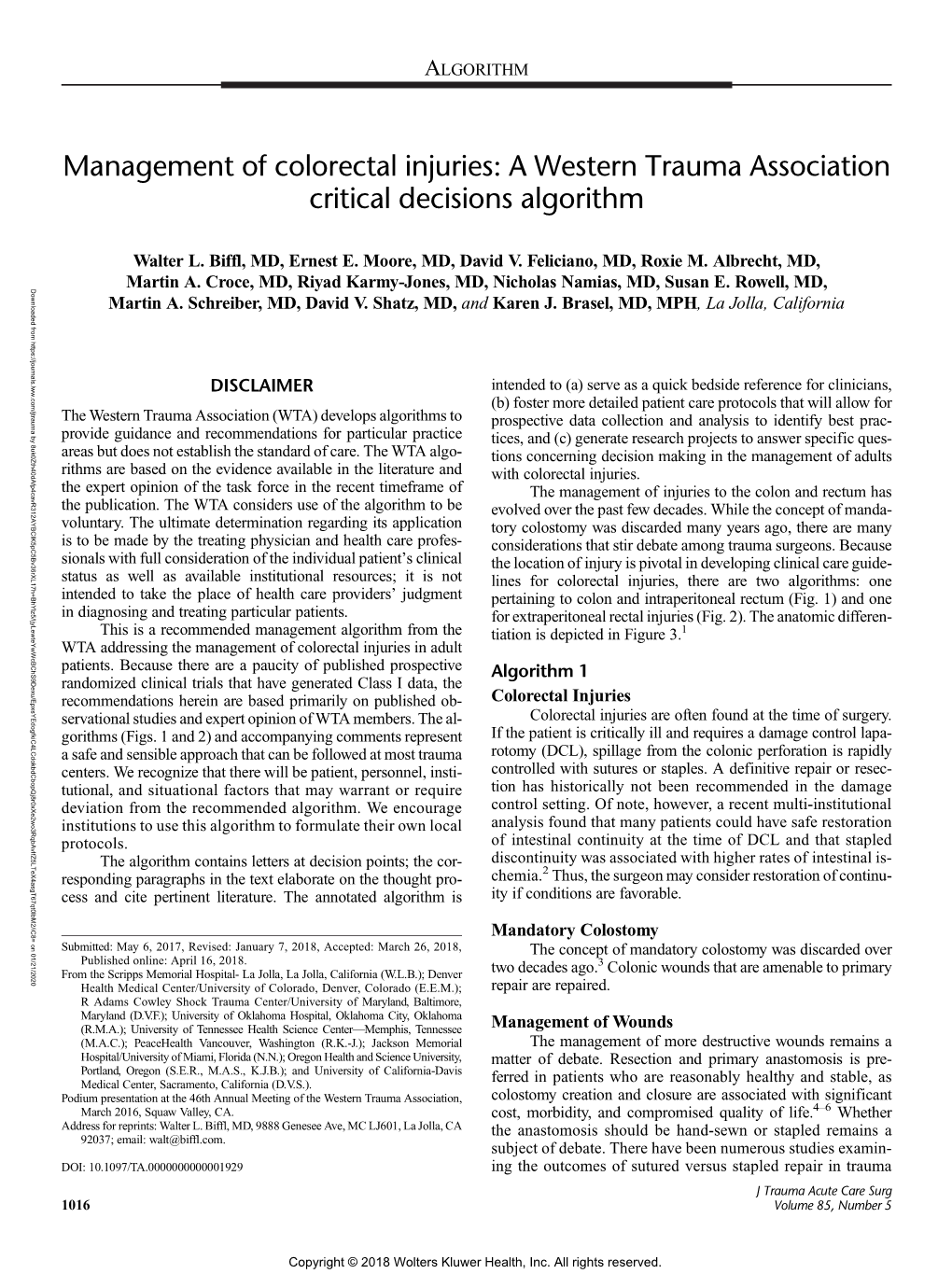 Management of Colorectal Injuries: a Western Trauma Association Critical