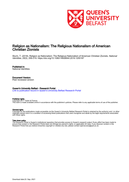 Religion As Nationalism: the Religious Nationalism of American Christian Zionists