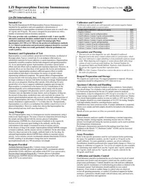 LZI Buprenorphine Enzyme Immunoassay for in Vitro Diagnostic Use Only 8ºC 0270 (100/37.5 Ml R1/R2 Kit) 0271 (1000/375 Ml R1/R2 Kit) 2ºC
