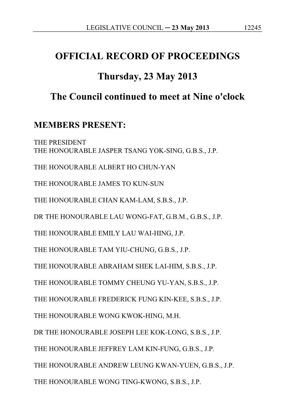 OFFICIAL RECORD of PROCEEDINGS Thursday, 23 May