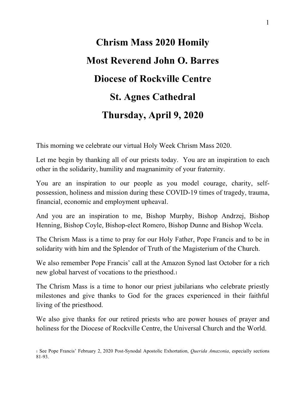 Chrism Mass 2020 Homily Most Reverend John O. Barres Diocese of Rockville Centre St