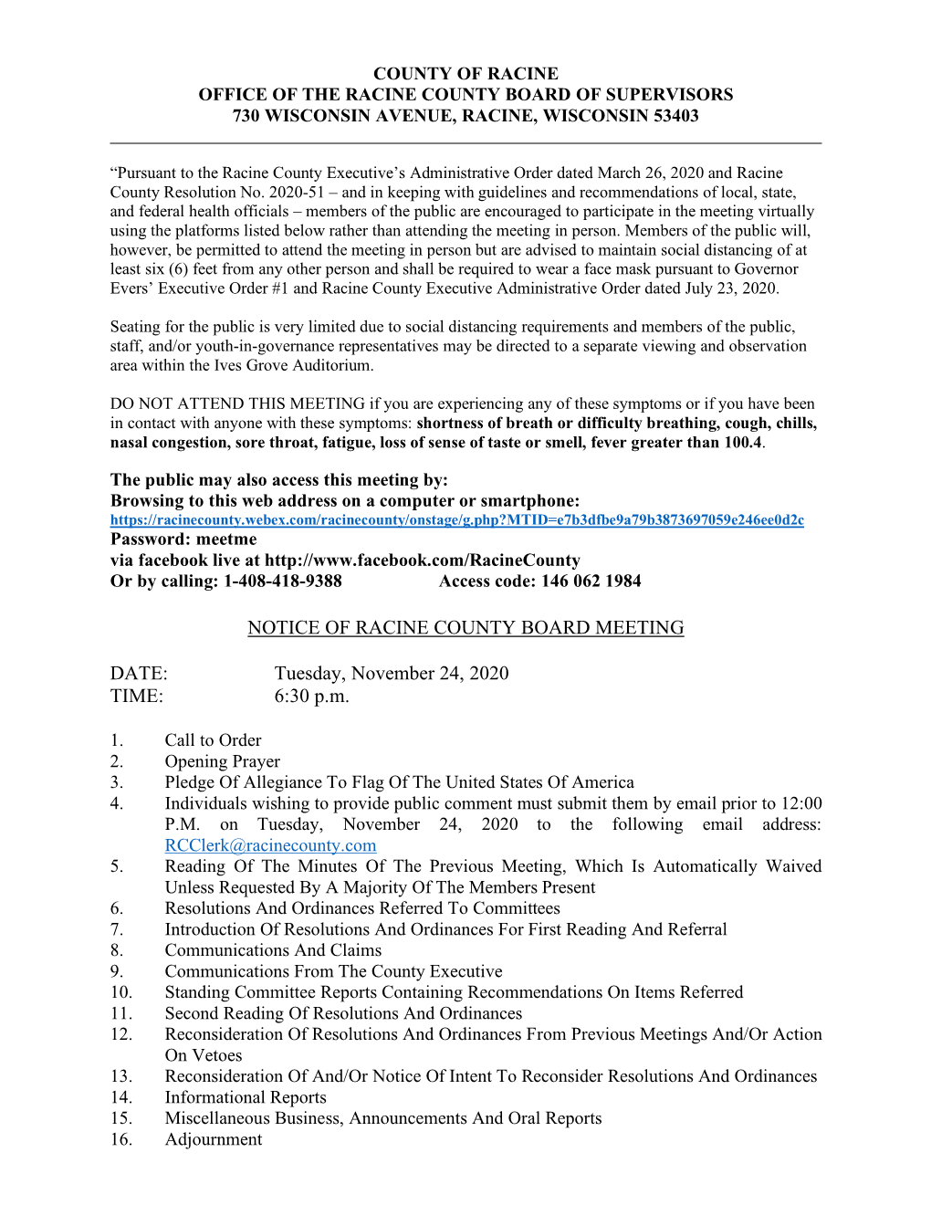 NOTICE of RACINE COUNTY BOARD MEETING DATE: Tuesday