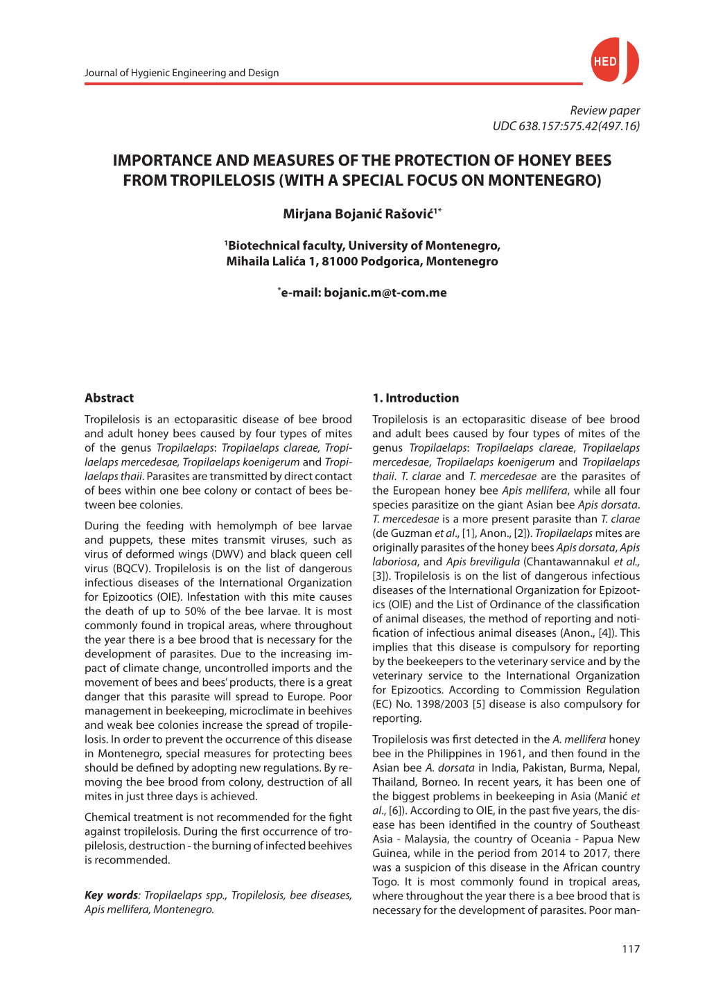 Importance and Measures of the Protection of Honey Bees from Tropilelosis (With a Special Focus on Montenegro)