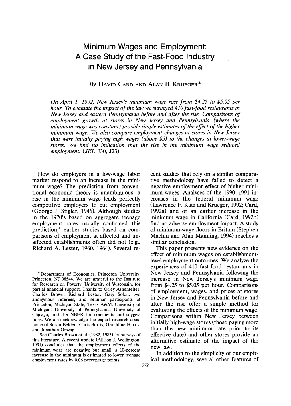 Minimum Wages and Employment: a Case Study of the Fast-Food Industry in New Jersey and Pennsylvania