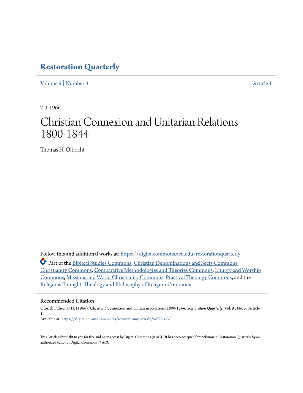 Christian Connexion and Unitarian Relations 1800-1844 Thomas H