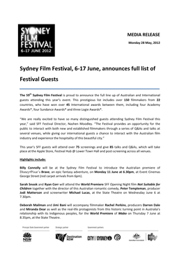 Sydney Film Festival, 6-17 June, Announces Full List of Festival Guests 28/05/2012