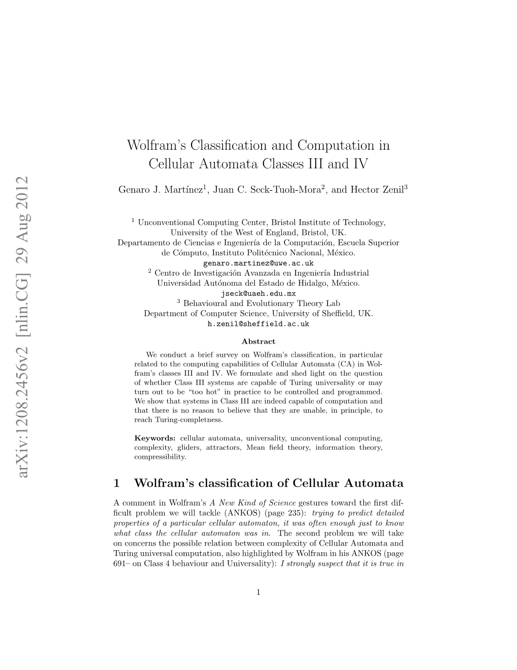 Wolfram's Classification and Computation in Cellular Automata