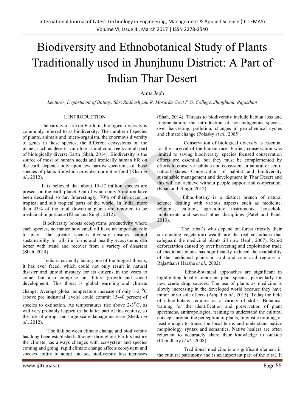 Biodiversity and Ethnobotanical Study of Plants Traditionally Used in Jhunjhunu District: a Part Of