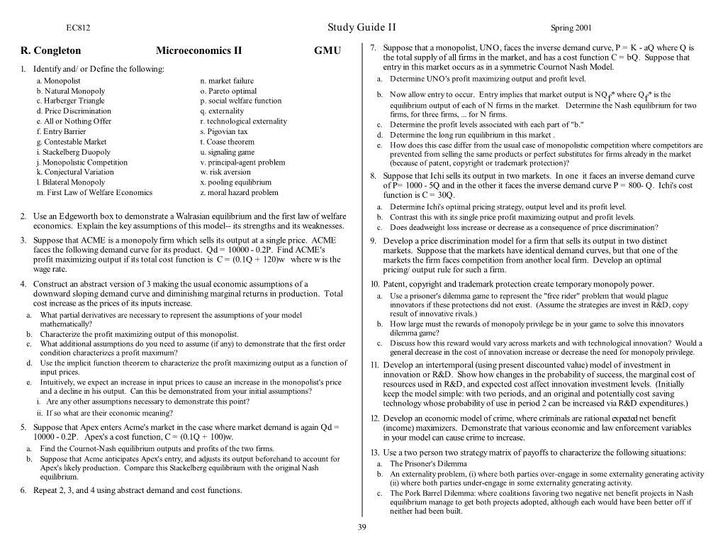 R. Congleton Microeconomics II GMU Study Guide II