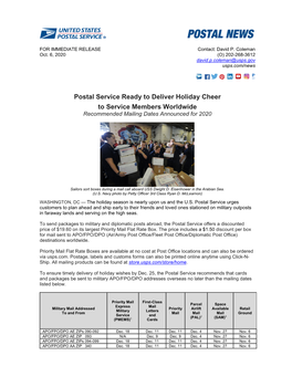Postal Service Ready to Deliver Holiday Cheer to Service Members Worldwide Recommended Mailing Dates Announced for 2020