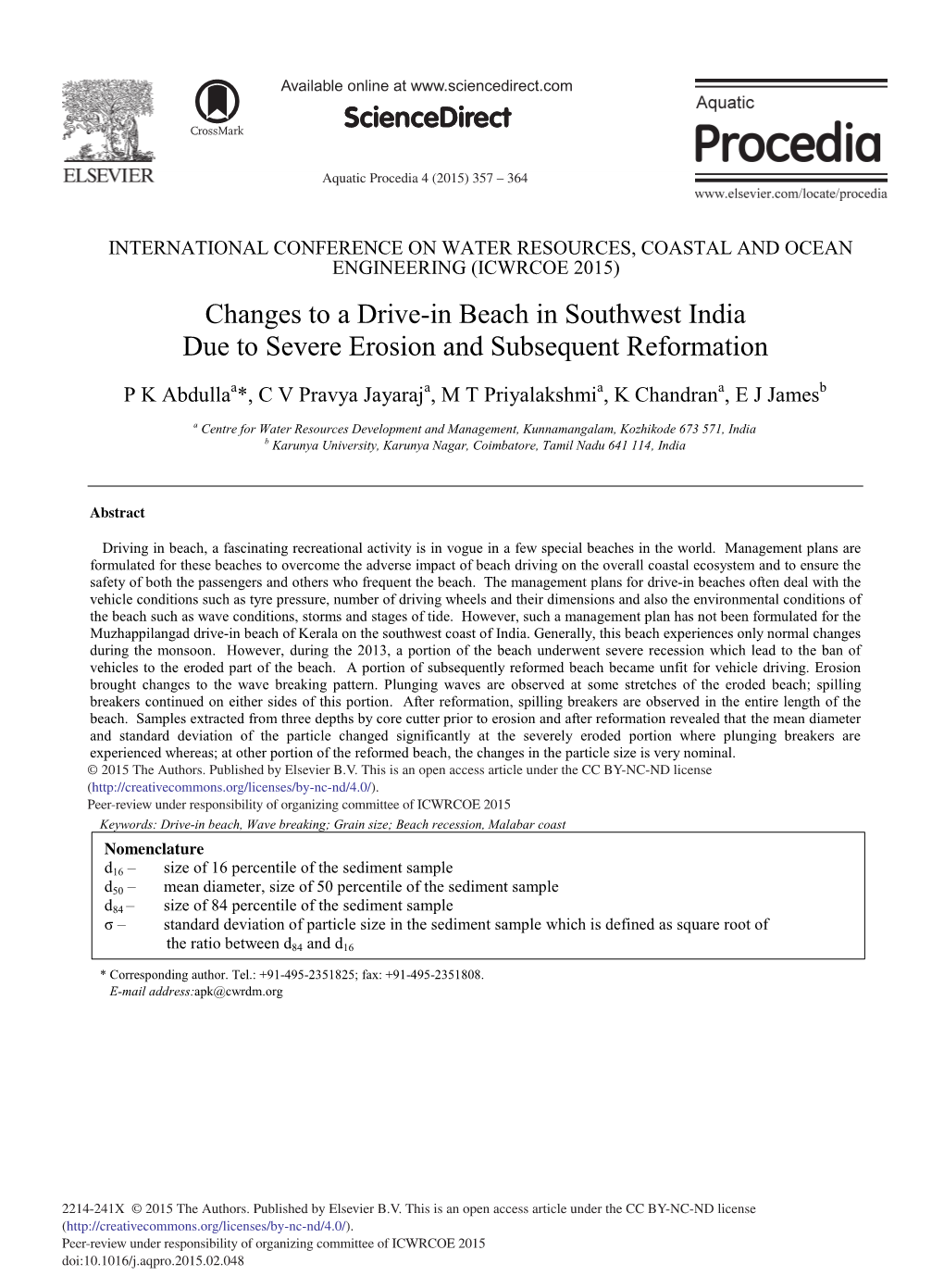 Changes to a Drive-In Beach in Southwest India Due to Severe Erosion and Subsequent Reformation