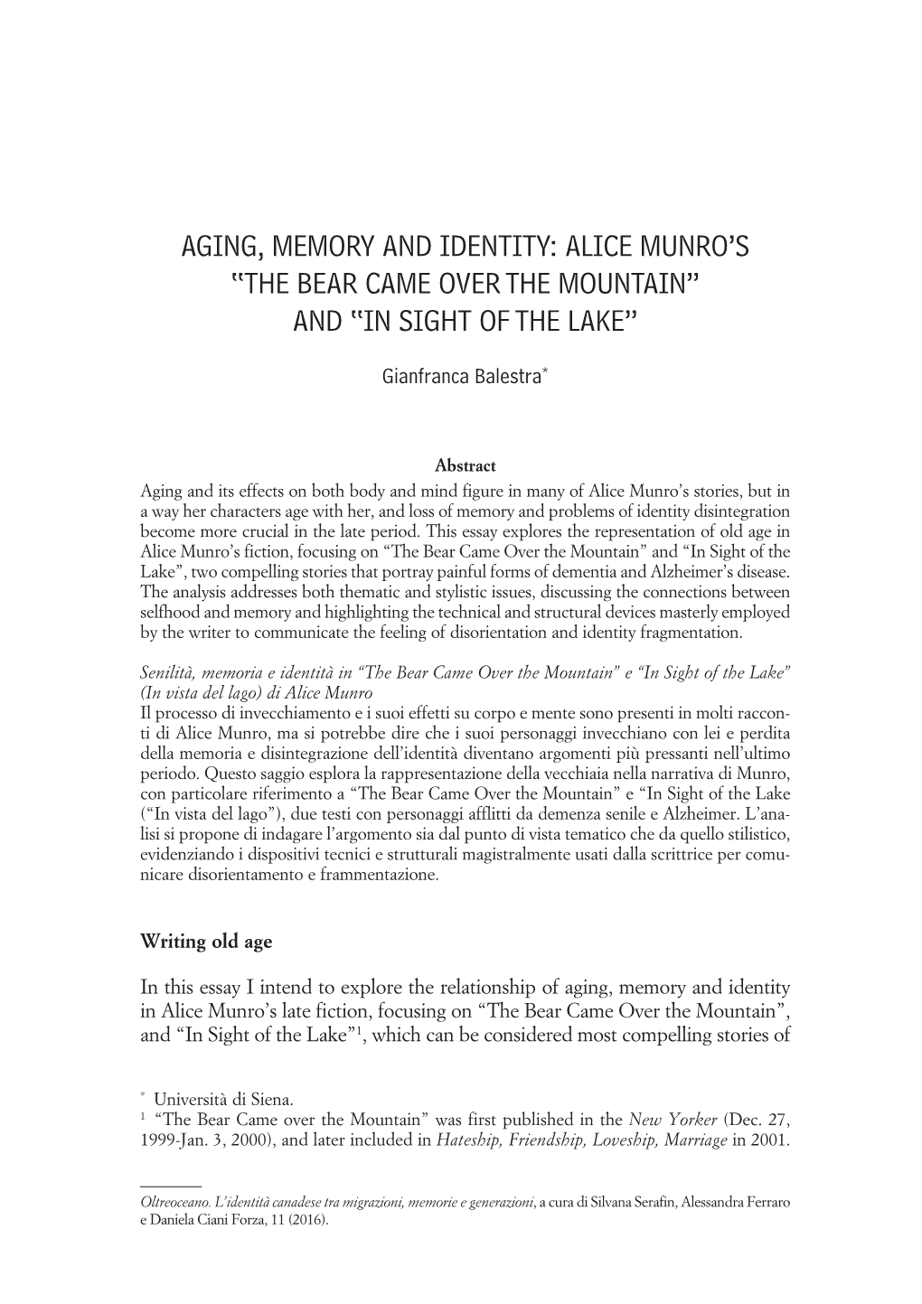 Aging, Memory and Identity: Alice Munro's “The Bear