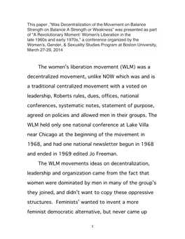 The Women's Liberation Movement (WLM)
