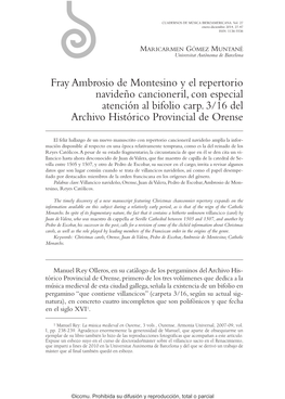 Fray Ambrosio De Montesino Y El Repertorio Navideño Cancioneril, Con Especial Atención Al Bifolio Carp