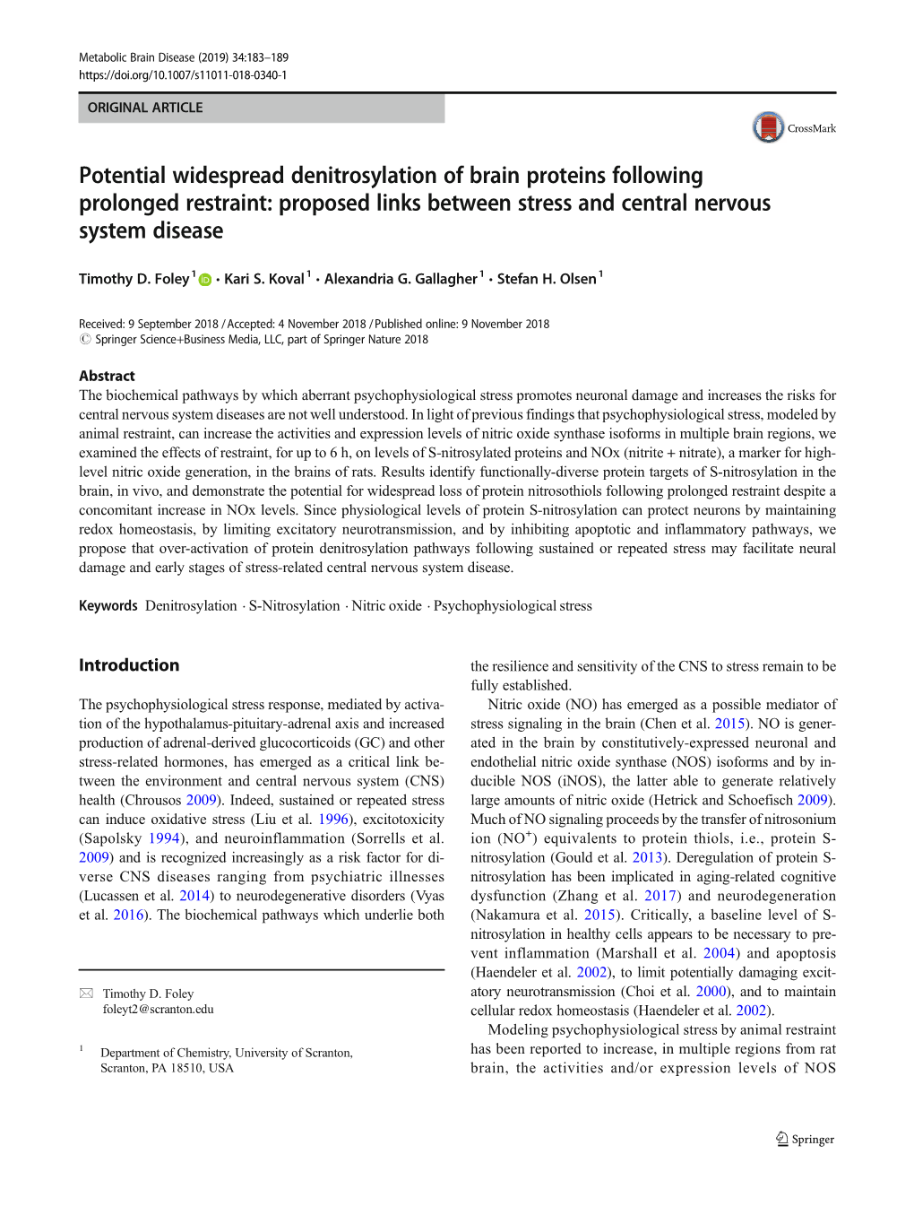 Potential Widespread Denitrosylation of Brain Proteins Following Prolonged Restraint: Proposed Links Between Stress and Central Nervous System Disease