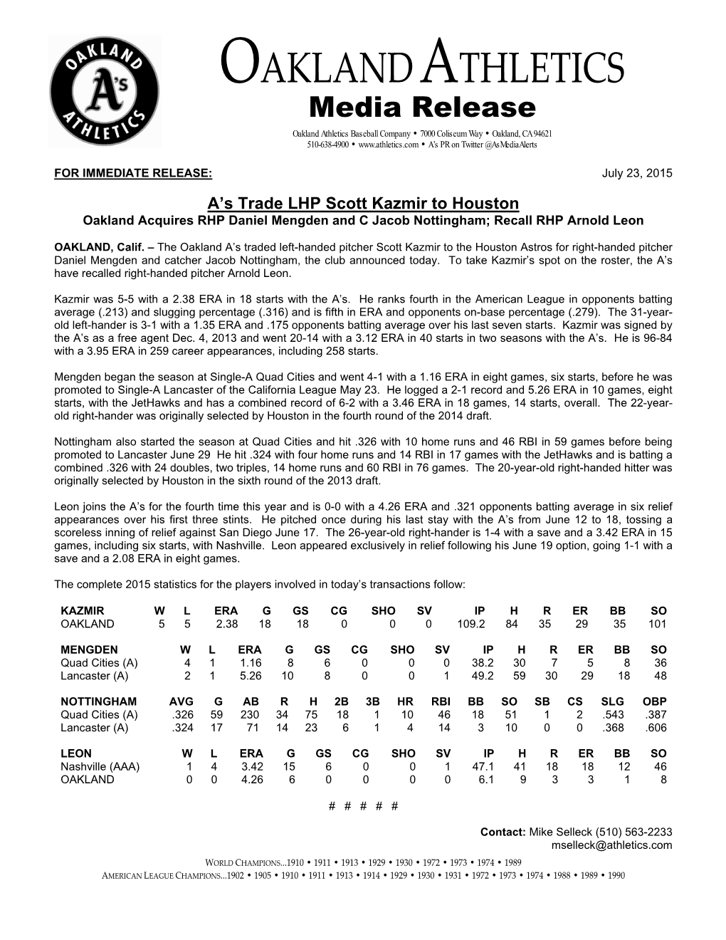 Oakland Athletics Virtual Press