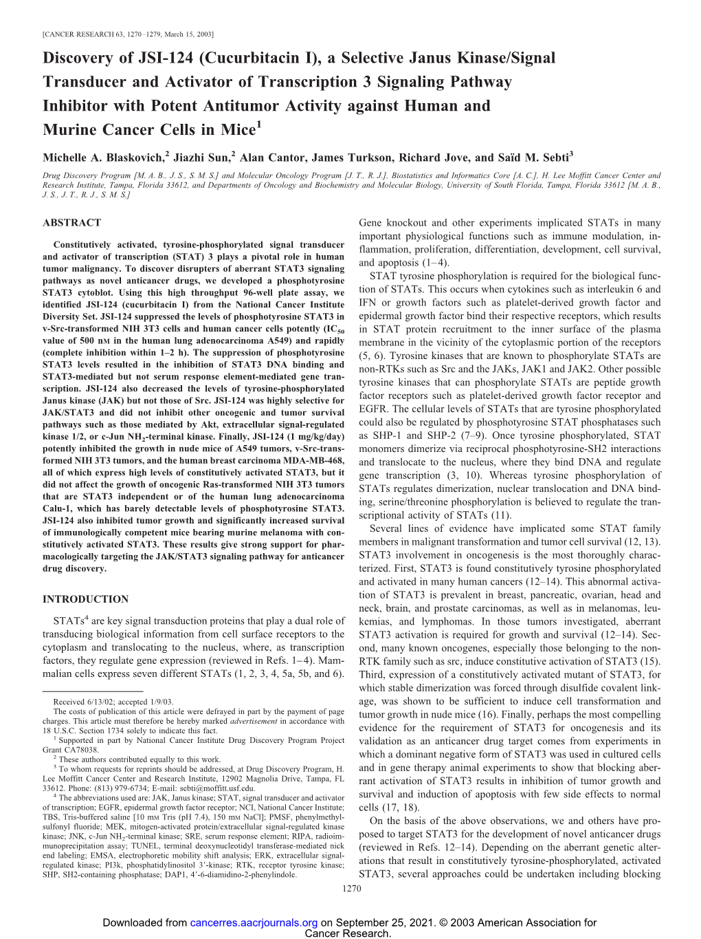 Discovery of JSI-124 (Cucurbitacin I), a Selective Janus Kinase/Signal