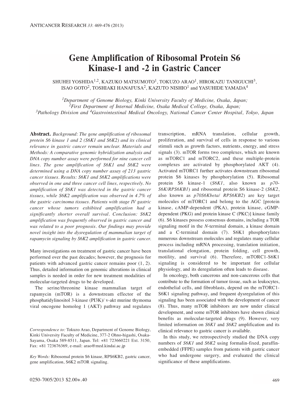 Gene Amplification of Ribosomal Protein S6 Kinase-1 and -2 in Gastric Cancer