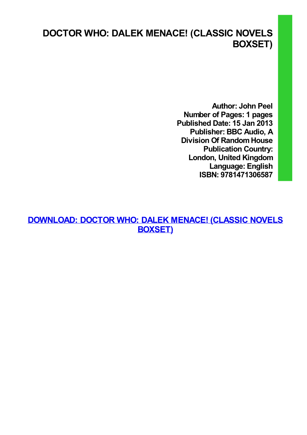 Doctor Who: Dalek Menace! (Classic Novels Boxset)